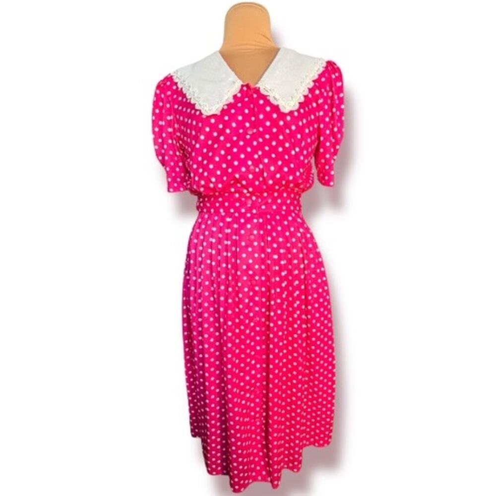 Vintage 80s Pink Polka Dot Dress Lace Collar Puff Sleeve Midi Whimsical Feminine